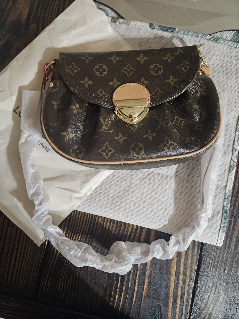 Brown Monogram Shoulder Bag with Tan Trim and Gold Hardware